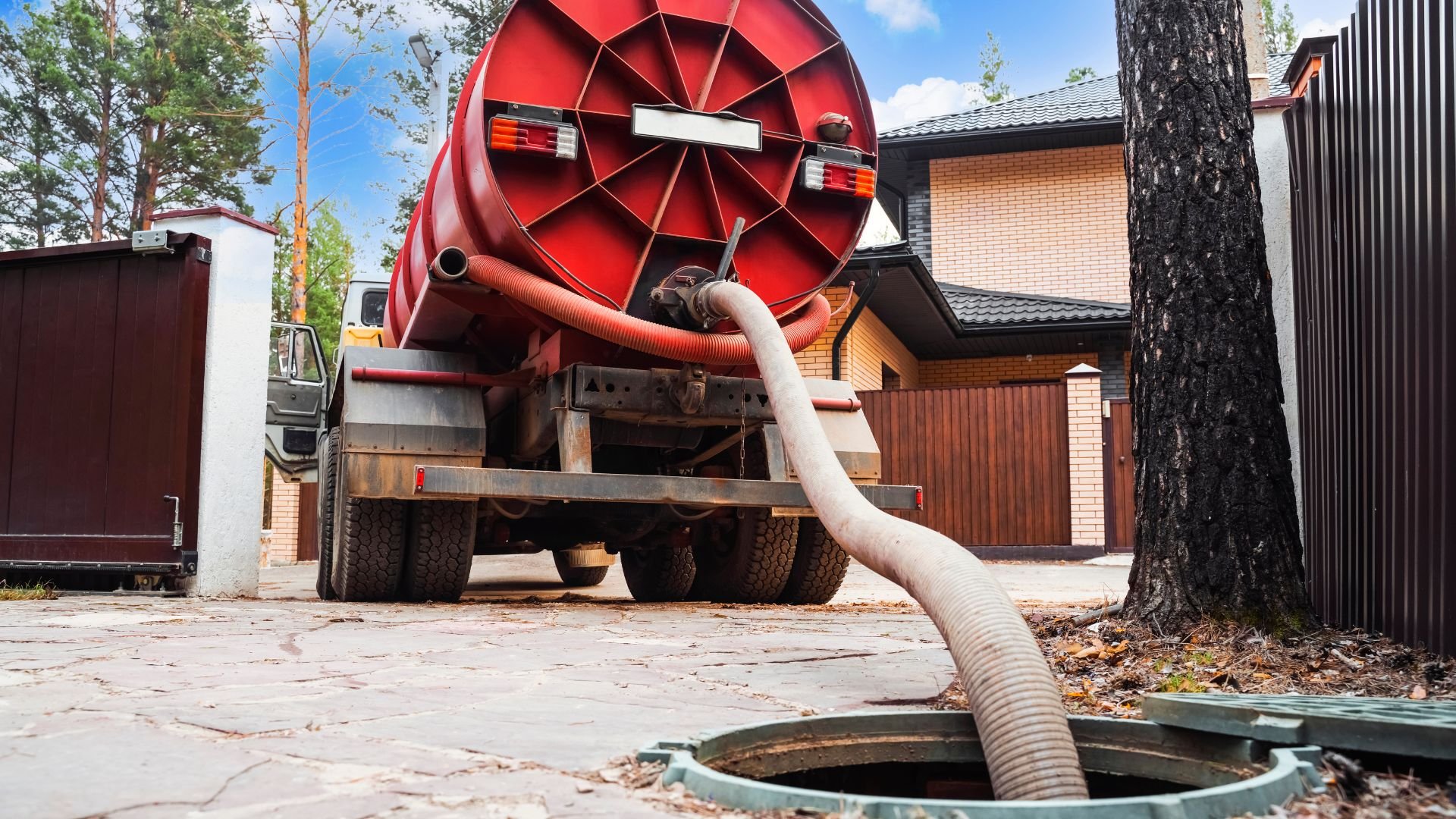 Red sewage truck pumping waste through hose into underground manhole