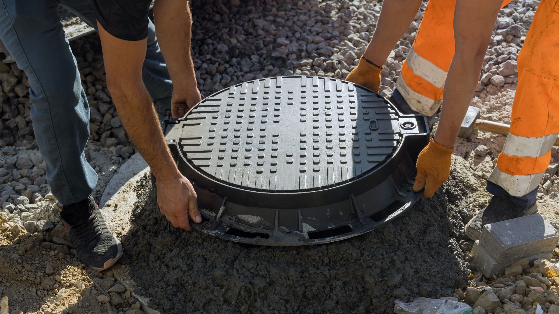 Workers installing a heavy metal manhole cover on a construction site